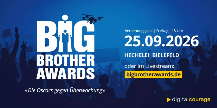 Werbebanner für die diesjährigen BigBrotherAwards: 25.9.2026, 18 Uhr, Hechelei Bielefeld.