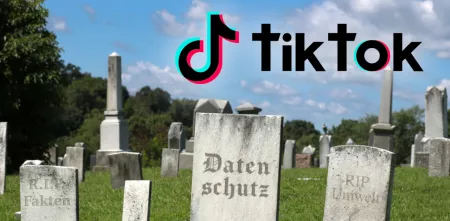 Ein Friedhof mit Grabsteinen. Inschriften: „R.I.P. Fakten“, „Datenschutz“ und „RIP Umwelt“. Im Himmel: Modifiziertes Tik-Tok-Logo mit den Ts als zwei Kreuze.
