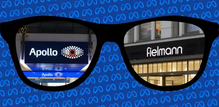 Eine Brille (POV), die auf die Geschäfte Apollo Optik und Fielmann blickt. Im Hintergrund ein Muster aus dem Meta-Logo.