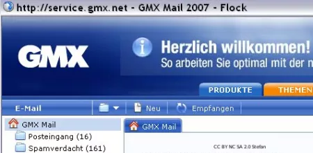Screenshot der E-Mail-Plattform GMX von 2007.