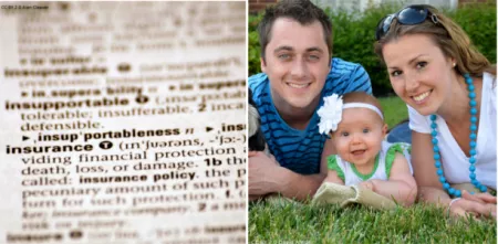 Collage aus einen Wörterbucheintrag zum Wort "insurance" (linke Bildhälfte) und einer Familie betehend aus zwei Elternteilen und einem Baby (rechte Bildhälfte).