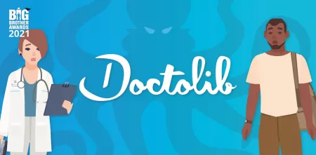 Das Doctolib-Logo zentral in der Mitte. Links davon eine Grafik einer Ärztin, rechts davon ein Grafik eines Patienten. Im Hintergrund des Logos ein Kraken.
