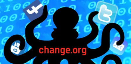 Eine schwarze Datenkrake mit der Aufschrift "change.org". In den Tentakeln hält sie diverse Logos sozialer Medien (Facebook, Twitter, E-Mail). Im Hintergrund blauer Binärcode.