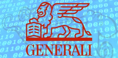 Das Generali-Logo auf hellblauem Hintergrund mit Binärcode.