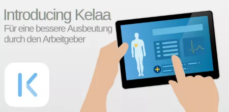 Oben links der Text: „Introducing Kelaa. Für eine bessere Ausbeutung durch den Arbeitgeber“. Rechts daneben eine Grafik eines Tablets. Unten Links das Logo von Kelaa (K).