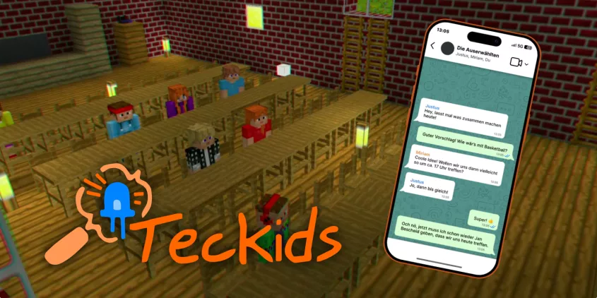 Collage: Szene aus dem Spiel Luanti, ein Smartphone mit einem Chatverlauf und das Teckids-Logo.