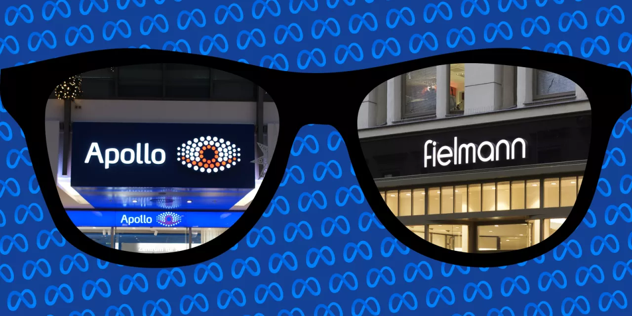 Eine Brille (POV), die auf die Geschäfte Apollo Optik und Fielmann blickt. Im Hintergrund ein Muster aus dem Meta-Logo.