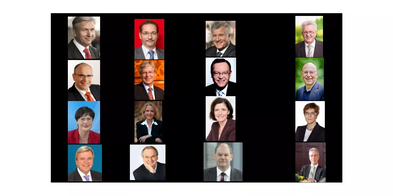 Collage: Portraitaufnahmen der sechzen Ministerpräsident.innen 2013.