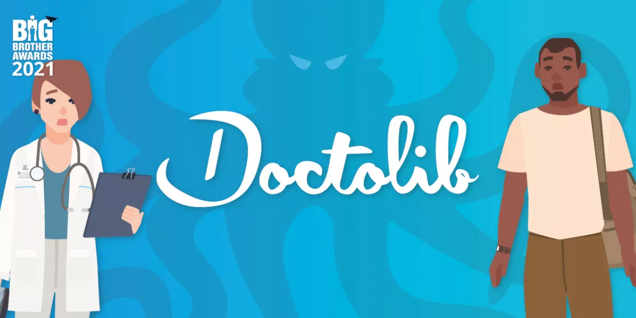Das Doctolib-Logo zentral in der Mitte. Links davon eine Grafik einer Ärztin, rechts davon ein Grafik eines Patienten. Im Hintergrund des Logos ein Kraken.