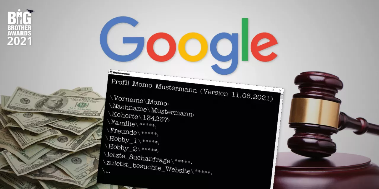 Collage: Präsent in der Mitte oben das Logo von Google. Links darunter ein Stapel Geld, mittig darunter persönliche Daten, rechts darunter ein Richter.innenhammer. 