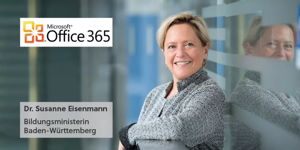 Portraitaufnahme von Susanne Eisenmann. Außerdem das Logo von Microsoft 365 in der linken, oberen Bildhälfte. Darunter der Text: „Dr. Susanne Eisenmann. Bildungsministerin Badem-Württemberg.“