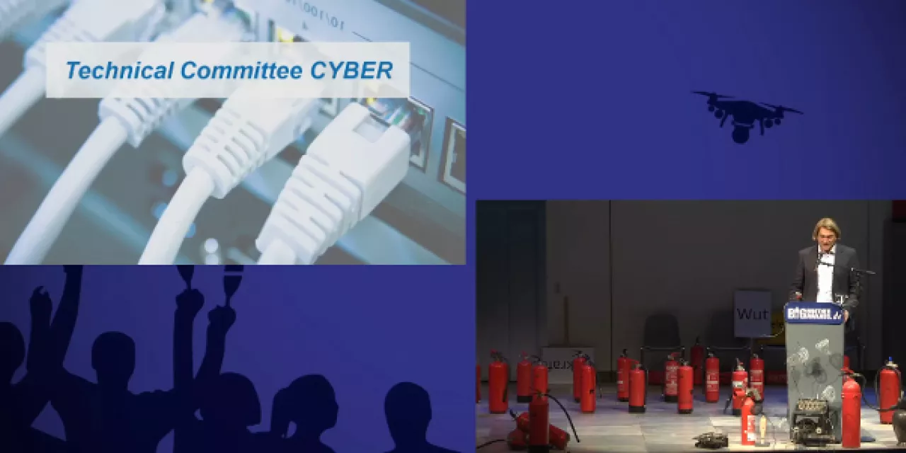 Collage: Auf der linken Seite mehrere Ethernet-Kabel, darüber der Text: „Technical Committee CYBER“. Auf der rechten Seite Frank Rosengart am Redner.innenpult der BBAs 2019.