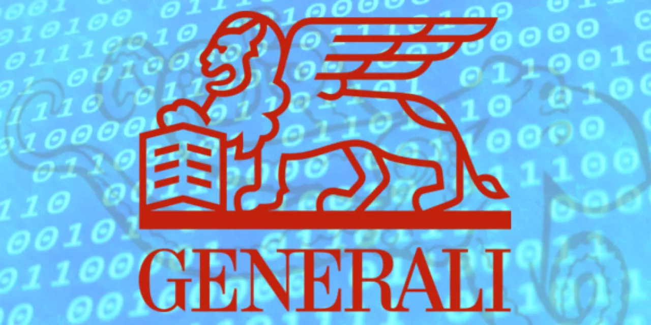 Das Generali-Logo auf hellblauem Hintergrund mit Binärcode.