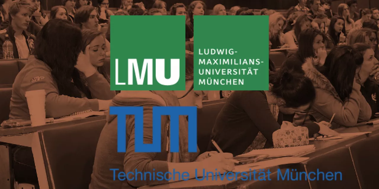 Das Logo der LMU und der TUM im Vordergrund. Im Hintergrund Student*innen in einem Hörsaal (sepia).