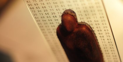 Detailaufnahme der BBA-Statue. Oberkörper vor Glas mit Zahlencodes.