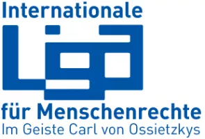 Logo des Vereins „Internationale Liga für Menschenrechte“ (blau).